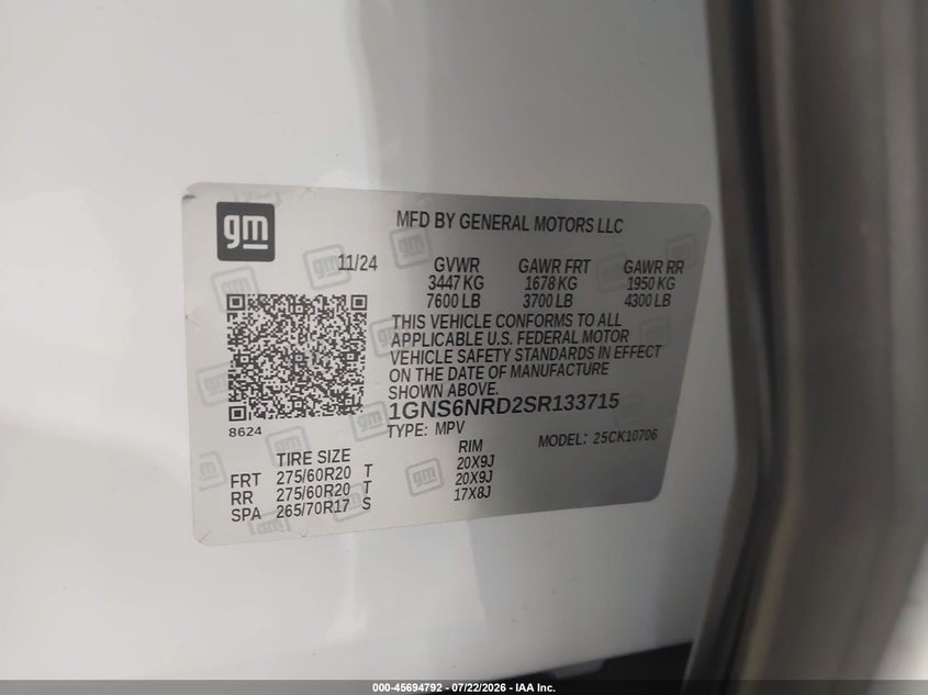 2025 Chevrolet Tahoe VIN 1GNS6NRD2SR133715 IAAI salvage auction — FRONT END, Wait Title, sold $19,300 on 2026-08-27 (photo 9)