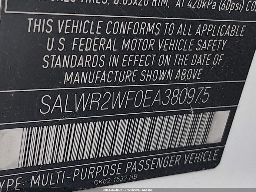 2014 Land rover Range rover sport VIN SALWR2WF0EA380975 IAAI salvage auction — FRONT END, Clear (Massachusetts), sold $50 on 2026-07-28 (photo 9)