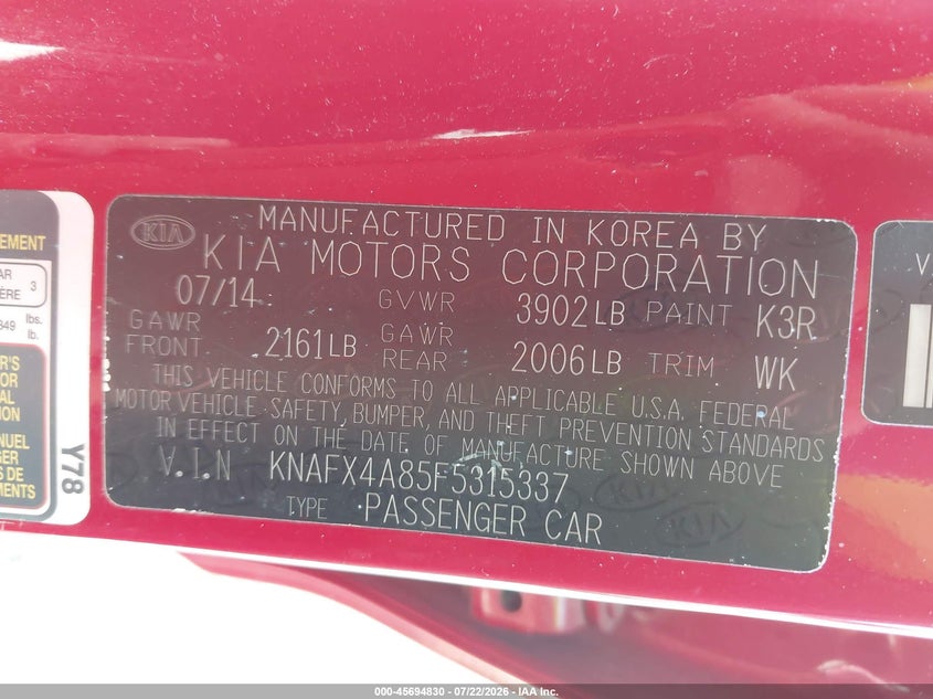 2015 Kia Forte VIN KNAFX4A85F5315337 IAAI salvage auction — NORMAL WEAR, Clear (Alabama), sold $375 on 2026-07-29 (photo 9)
