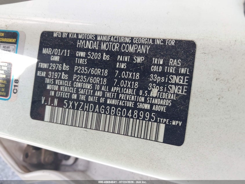 2011 Hyundai Santa fe VIN 5XYZHDAG3BG048995 IAAI salvage auction — NORMAL WEAR, Clear (Illinois), sold $225 on 2026-07-29 (photo 9)