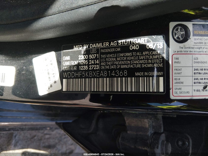 2014 Mercedes-benz E-klasse VIN WDDHF5KBXEA814368 IAAI salvage auction — REAR END, Wait Title, sold $1,600 on 2026-08-13 (photo 9)