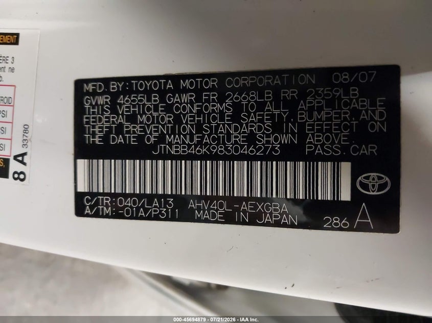 2008 Toyota Camry hybrid VIN JTNBB46K983046273 IAAI salvage auction — NORMAL WEAR, Clear (California), sold $75 on 2026-07-30 (photo 9)