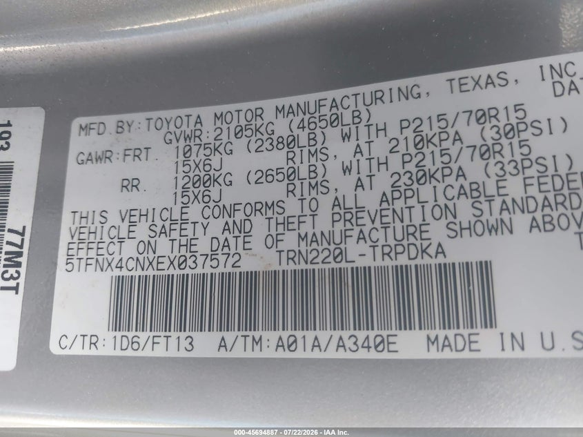 2014 Toyota Tacoma VIN 5TFNX4CNXEX037572 IAAI salvage auction — FRONT END, Salvage (California), sold $2,150 on 2026-08-02 (photo 9)
