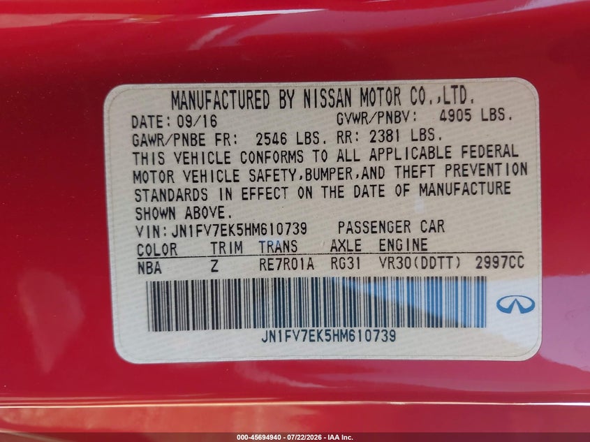 2017 Infiniti Q60 VIN JN1FV7EK5HM610739 IAAI salvage auction — UNDERCARRIAGE, Salvage Title, sold $7,400 on 2026-08-19 (photo 9)