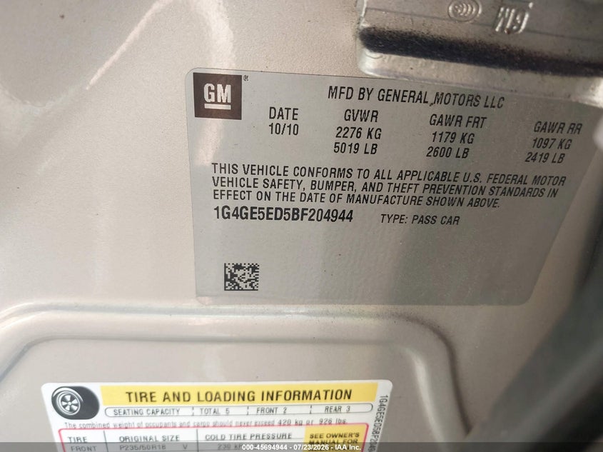 2011 Buick LaCrosse VIN 1G4GE5ED5BF204944 IAAI salvage auction — MECHANICAL, Salvage (Idaho), sold $0 on 2026-09-26 (photo 9)