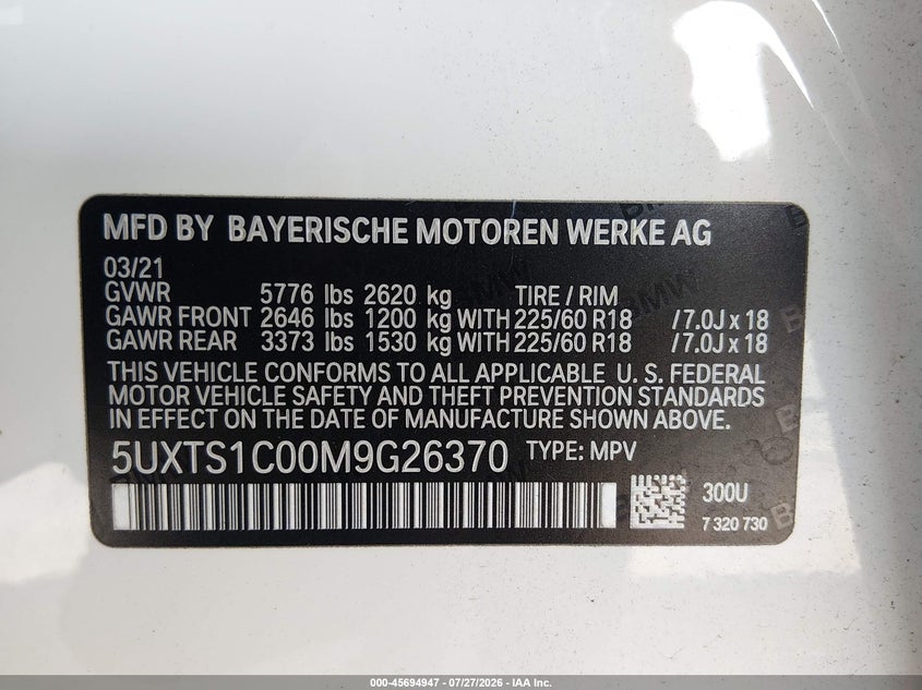 2021 BMW X3 VIN 5UXTS1C00M9G26370 IAAI salvage auction — FRONT END, Salvage (Connecticut), sold $14,800 on 2026-08-02 (photo 9)