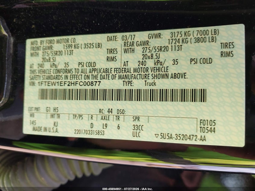 2017 Ford F-150 VIN 1FTEW1EF2HFC00877 IAAI salvage auction — ROOF, Salvage (Ohio), sold $8,000 on 2026-07-31 (photo 9)