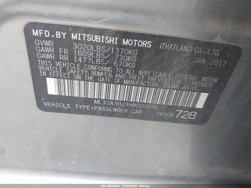 2017 Mitsubishi Mirage VIN ML32A3HJ3HH020036 IAAI salvage auction — LEFT REAR, Salvage Title, sold $1,525 on 2026-08-29 (photo 9)