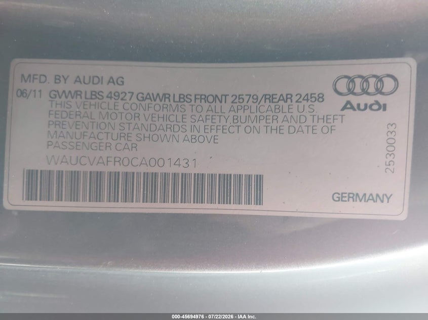 2012 Audi S5 VIN WAUCVAFR0CA001431 IAAI salvage auction — NORMAL WEAR, Reconstructed (Massachusetts), sold $1,900 on 2026-07-31 (photo 9)