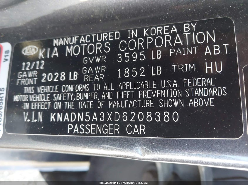2013 Kia Rio VIN KNADN5A3XD6208380 IAAI salvage auction — NORMAL WEAR, Clear (Virginia), sold $25 on 2026-07-27 (photo 9)