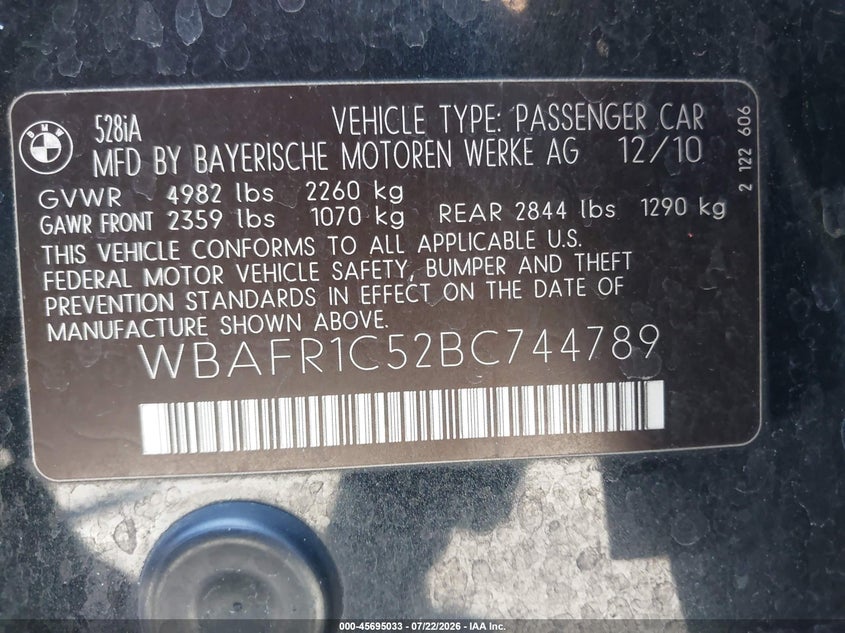2011 BMW 5 series VIN WBAFR1C52BC744789 IAAI salvage auction — REAR END, Salvage (Arizona), sold $1,600 on 2026-08-01 (photo 9)