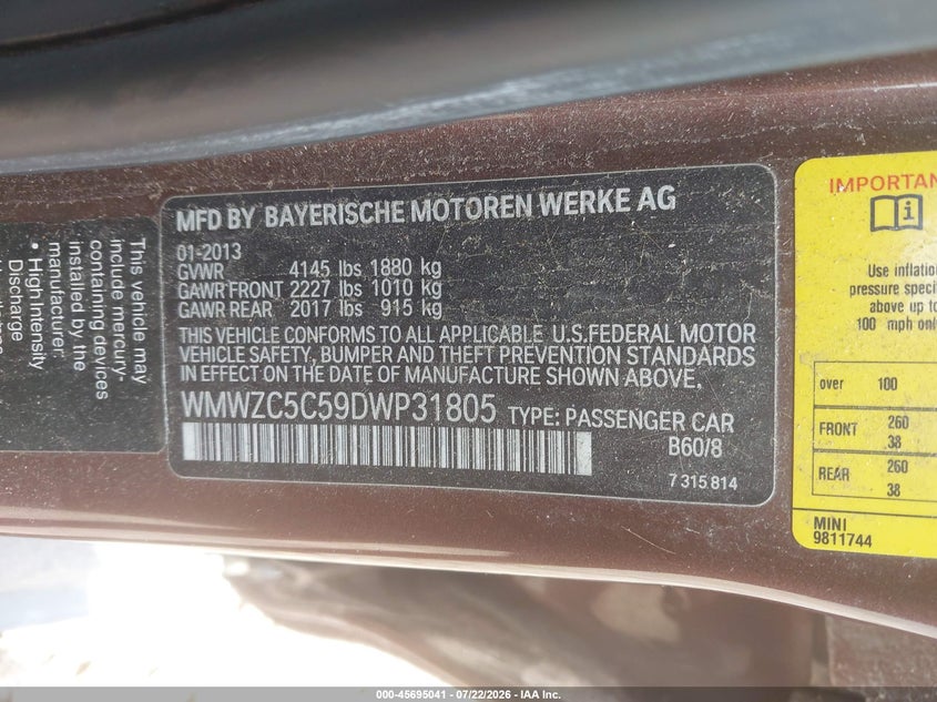 2013 Mini Countryman VIN WMWZC5C59DWP31805 IAAI salvage auction — NORMAL WEAR, Clear (New York), sold $525 on 2026-07-28 (photo 9)