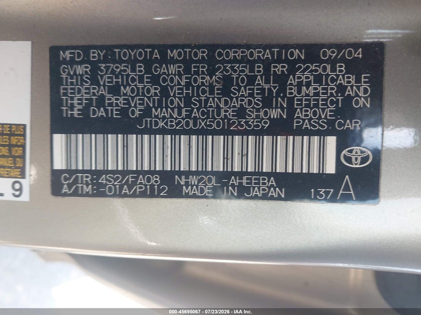 2005 Toyota Prius VIN JTDKB20UX50123359 IAAI salvage auction — FRONT END, Clear (Massachusetts), sold $425 on 2026-07-31 (photo 9)