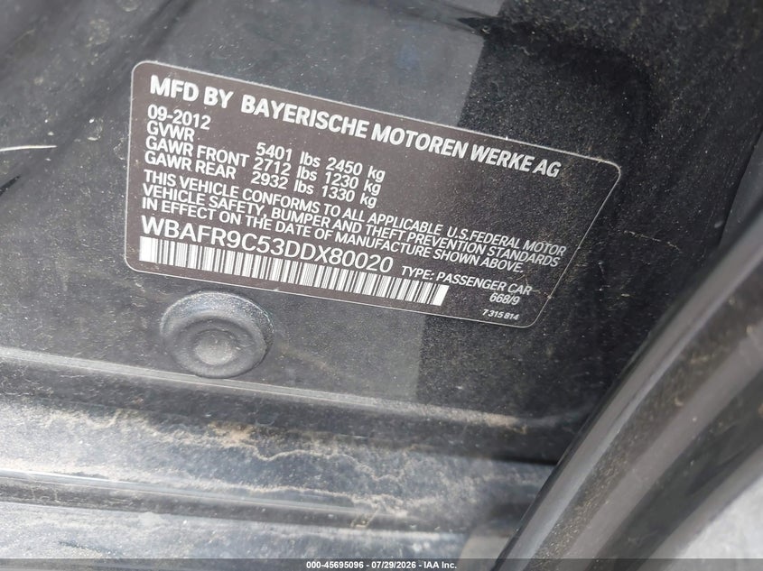 2013 BMW 5er VIN WBAFR9C53DDX80020 IAAI salvage auction — NORMAL WEAR, Original (Texas), sold $875 on 2026-08-04 (photo 9)