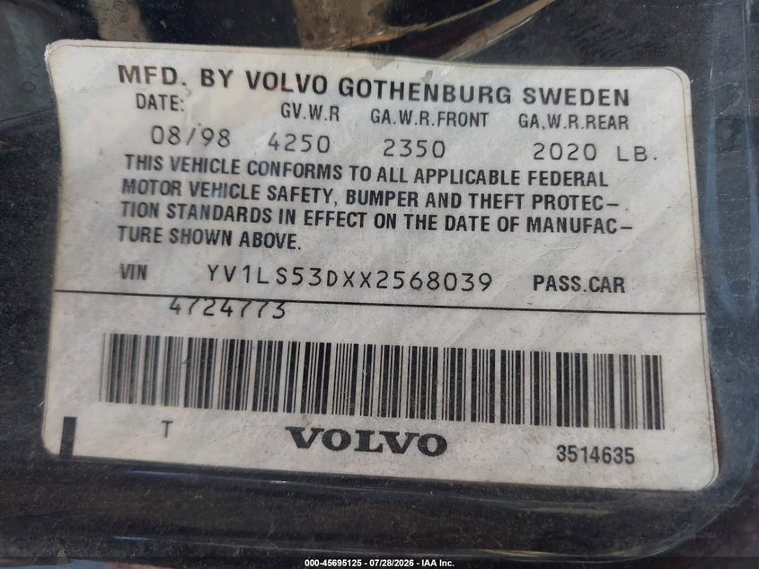 1999 Volvo S70 VIN YV1LS53DXX2568039 IAAI salvage auction — NORMAL WEAR, Clear (Idaho), sold $175 on 2026-08-04 (photo 9)