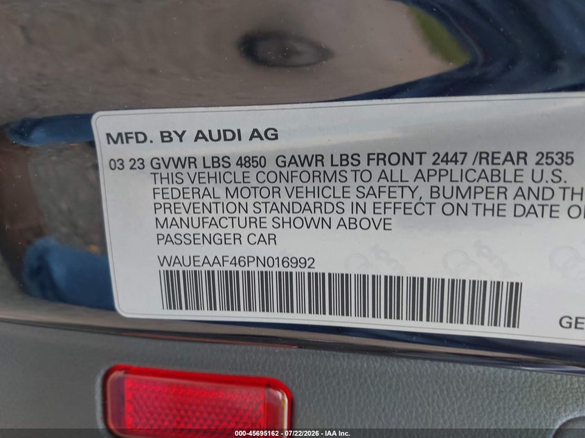 2023 Audi A4 VIN WAUEAAF46PN016992 IAAI salvage auction — FRONT END, Salvage Title, sold $13,000 on 2026-09-08 (photo 9)