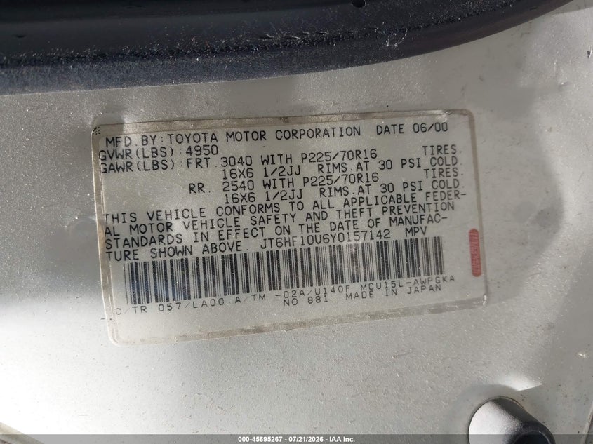 2001 Lexus Rx 300 VIN JTJHF10U310184858 IAAI salvage auction — NORMAL WEAR, Clear - Dealer Only (California), sold $25 on 2026-07-30 (photo 9)