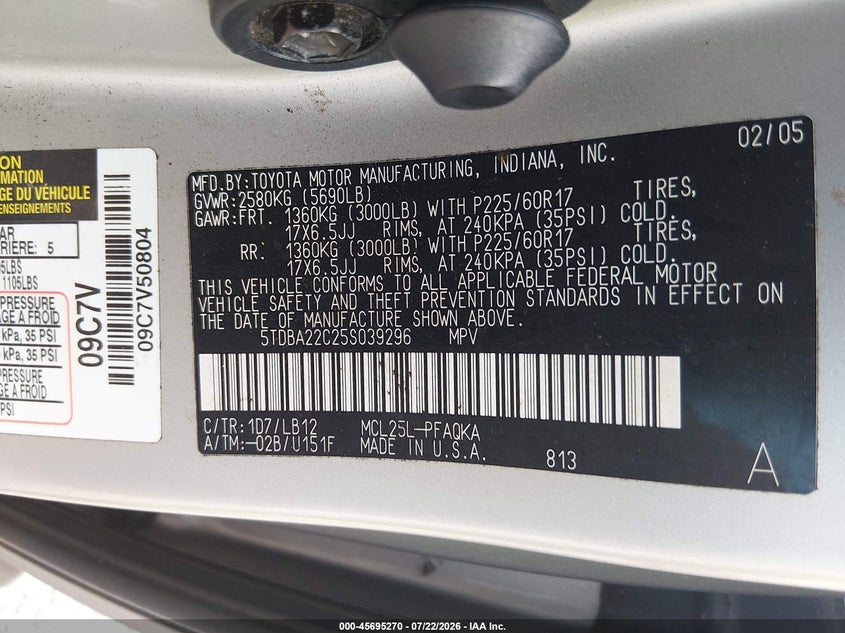 2005 Toyota Sienna VIN 5TDBA22C25S039296 IAAI salvage auction — NORMAL WEAR, Clear (New Jersey), sold $775 on 2026-07-28 (photo 9)