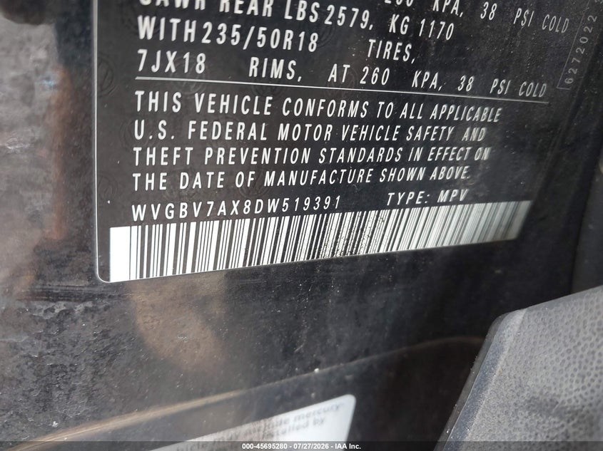 2013 Volkswagen Tiguan VIN WVGBV7AX8DW519391 IAAI salvage auction — NORMAL WEAR, Clear (Virginia), sold $200 on 2026-08-03 (photo 9)