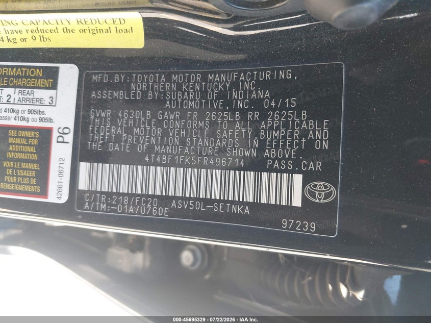 2015 Toyota Camry VIN 4T4BF1FK5FR496714 IAAI salvage auction — REAR END, Salvage Title, sold $1,300 on 2026-08-03 (photo 9)