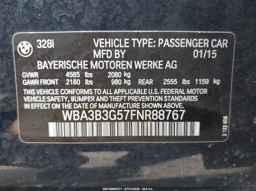 2015 BMW VIN WBA3B3G57FNR88767 IAAI salvage auction — NORMAL WEAR, Salvage Title, sold $1,850 on 2026-08-10 (photo 9)
