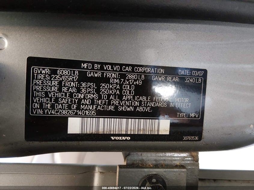 2007 Volvo Xc90 VIN YV4CZ982671401695 IAAI salvage auction — FRONT END, Bill Of Sale (Washington), sold $300 on 2026-08-19 (photo 9)