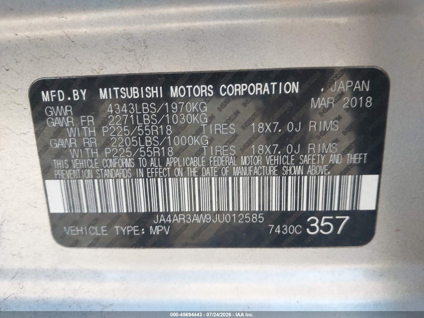 2018 Mitsubishi Outlander sport VIN JA4AR3AW9JU012585 IAAI salvage auction — NORMAL WEAR, Clear (Connecticut), sold $1,250 on 2026-08-01 (photo 9)