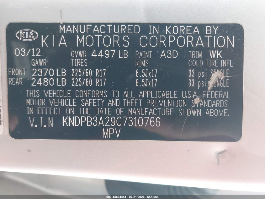 2012 Kia Sportage VIN KNDPB3A29C7310766 IAAI salvage auction — NORMAL WEAR, Salvage Title, sold $1,600 on 2026-07-24 (photo 9)