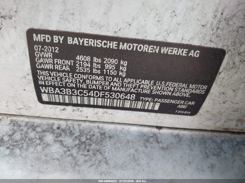 2013 BMW 3 series VIN WBA3B3C54DF530648 IAAI salvage auction — NORMAL WEAR, Regular (South Dakota), sold $800 on 2026-07-24 (photo 9)
