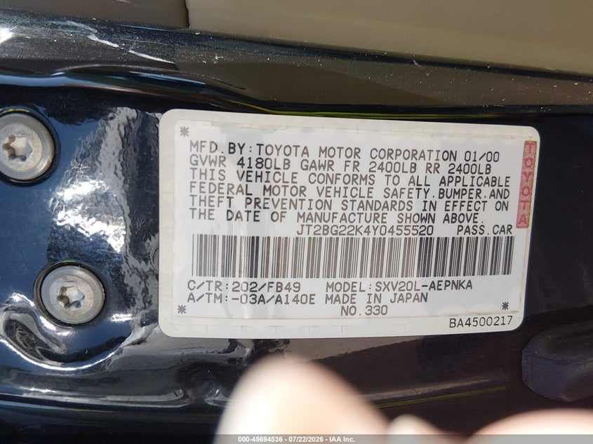 2000 Toyota Camry VIN JT2BG22K4Y0455520 IAAI salvage auction — NORMAL WEAR, Original (Texas), sold $200 on 2026-07-28 (photo 9)