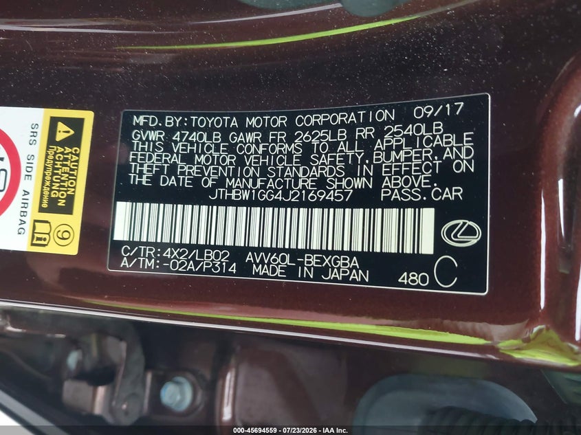 2018 Lexus ES VIN JTHBW1GG4J2169457 IAAI salvage auction — LEFT FRONT, Salvage (California), sold $6,000 on 2026-08-03 (photo 9)