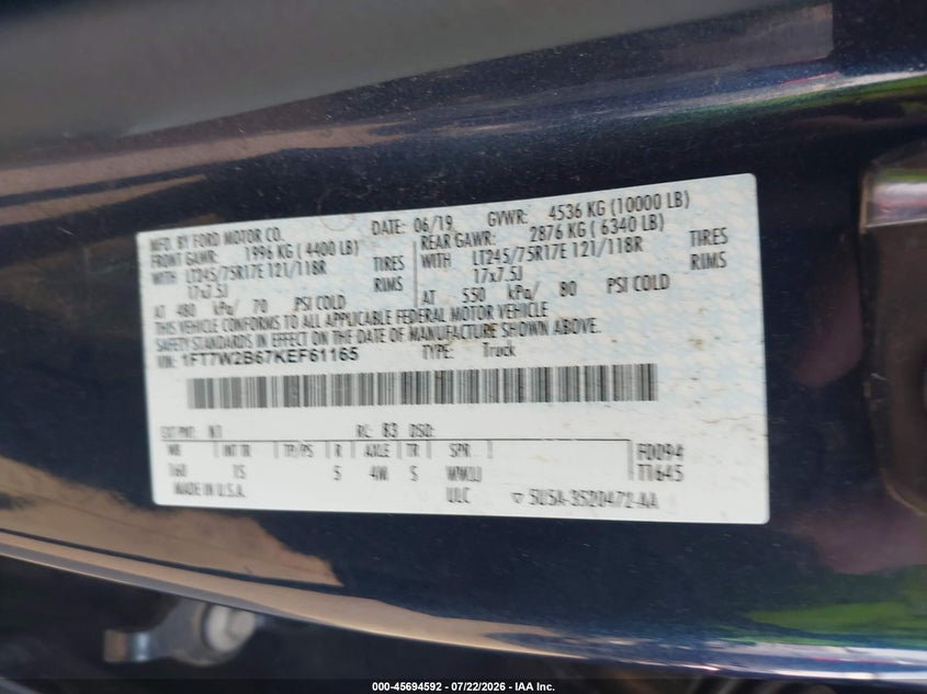 2019 Ford F-250 VIN 1FT7W2B67KEF61165 IAAI salvage auction — NORMAL WEAR, SF97 (Oregon), sold $20,000 on 2026-08-26 (photo 9)