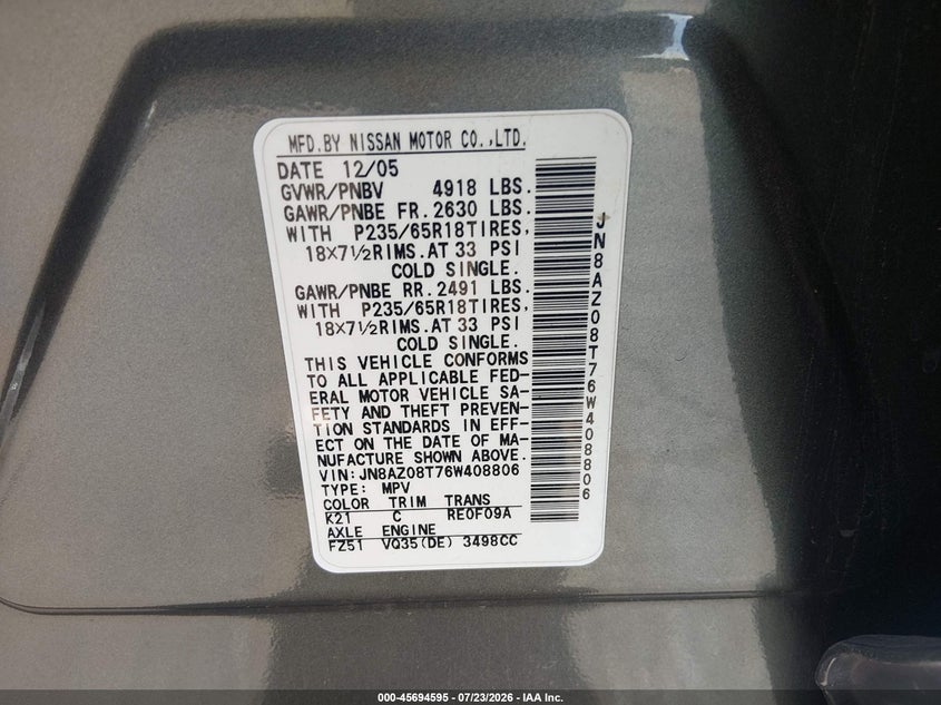 2006 Nissan Murano VIN JN8AZ08T76W408806 IAAI salvage auction — RIGHT SIDE, Clear (Nevada), sold $1,450 on 2026-07-31 (photo 9)