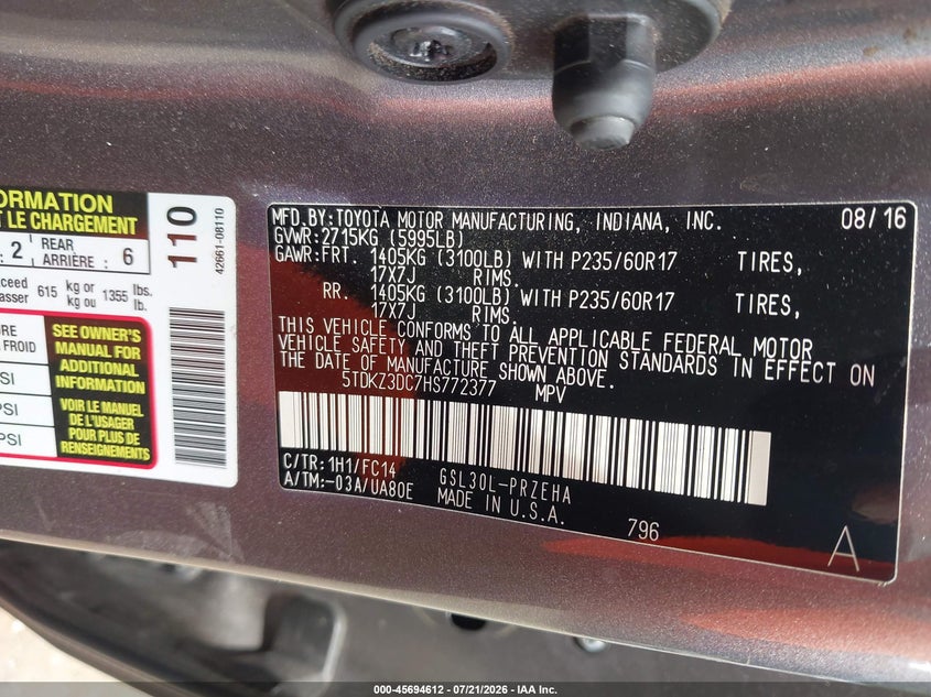 2017 Toyota Sienna VIN 5TDKZ3DC7HS772377 IAAI salvage auction — NORMAL WEAR, Clear (Virginia), sold $25 on 2026-07-29 (photo 9)