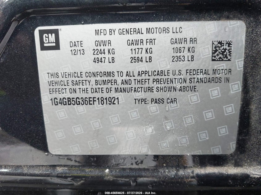 2014 Buick Lacrosse VIN 1G4GB5G36EF181921 IAAI salvage auction — RIGHT FRONT, Wait Title, sold $875 on 2026-08-19 (photo 9)