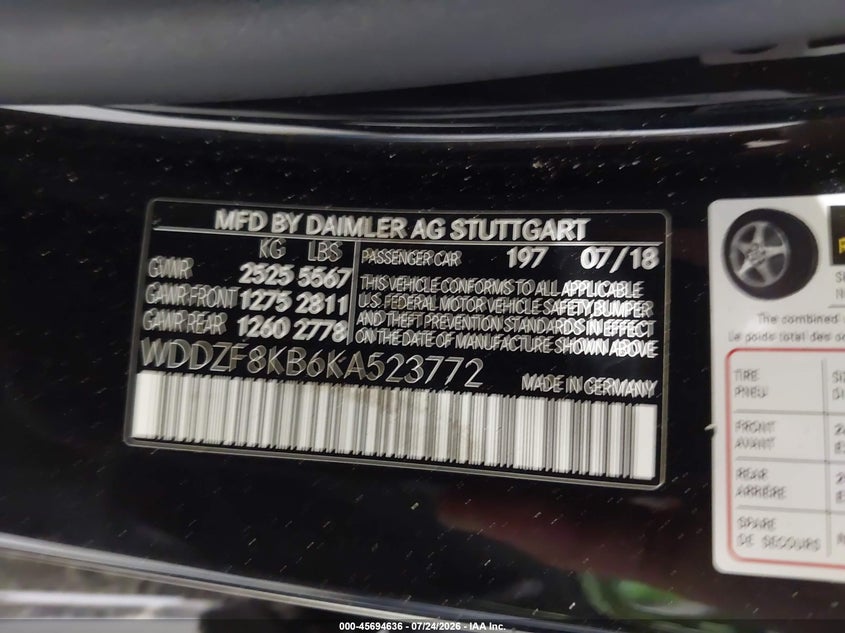 2019 Mercedes-benz VIN WDDZF8KB6KA523772 IAAI salvage auction — FRONT END, Mv-907A (New York), sold $17,000 on 2026-08-17 (photo 9)