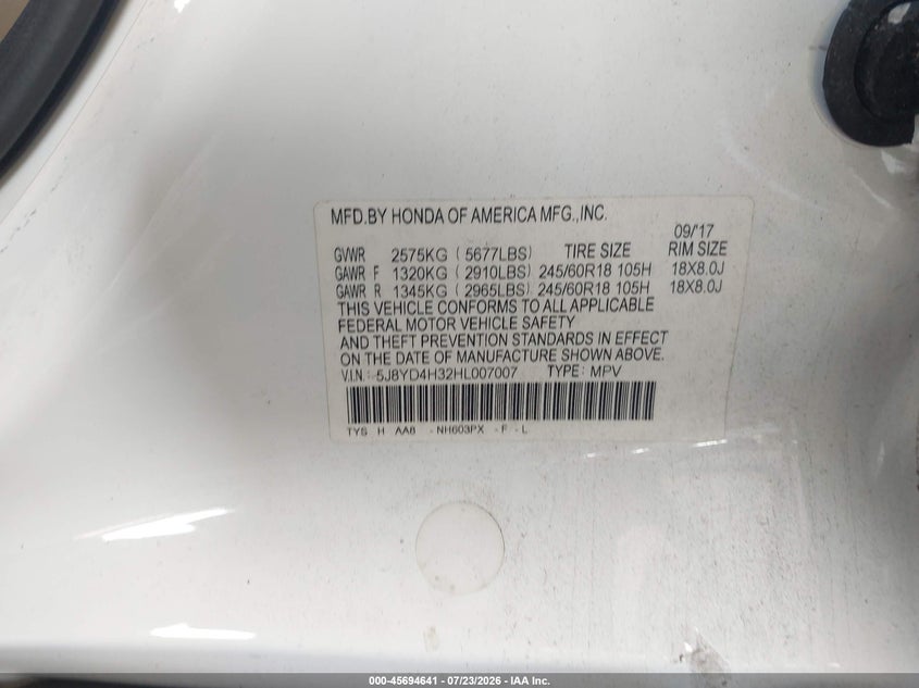 2017 Acura Mdx VIN 5J8YD4H32HL007007 IAAI salvage auction — LEFT SIDE, Salvage Title, sold $6,000 on 2026-09-06 (photo 9)