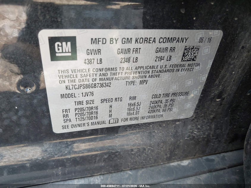 2016 Chevrolet Trax VIN KL7CJPSB6GB736342 IAAI salvage auction — NORMAL WEAR, Clear (New York), sold $475 on 2026-07-28 (photo 9)