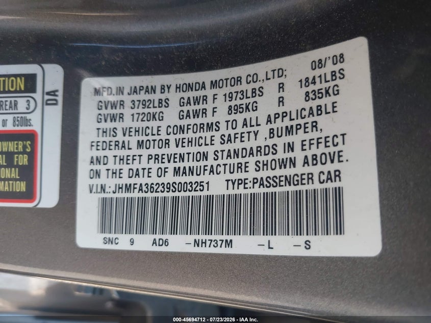 2009 Honda Civic hybrid VIN JHMFA36239S003251 IAAI salvage auction — NORMAL WEAR, Clear (Virginia), sold $50 on 2026-07-28 (photo 9)
