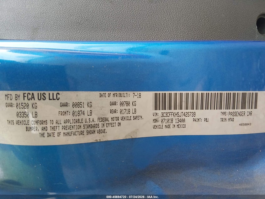 2018 Fiat 500 VIN 3C3CFFKH5JT425739 IAAI salvage auction — HAIL, Salvage Title, sold $2,700 on 2026-09-10 (photo 9)