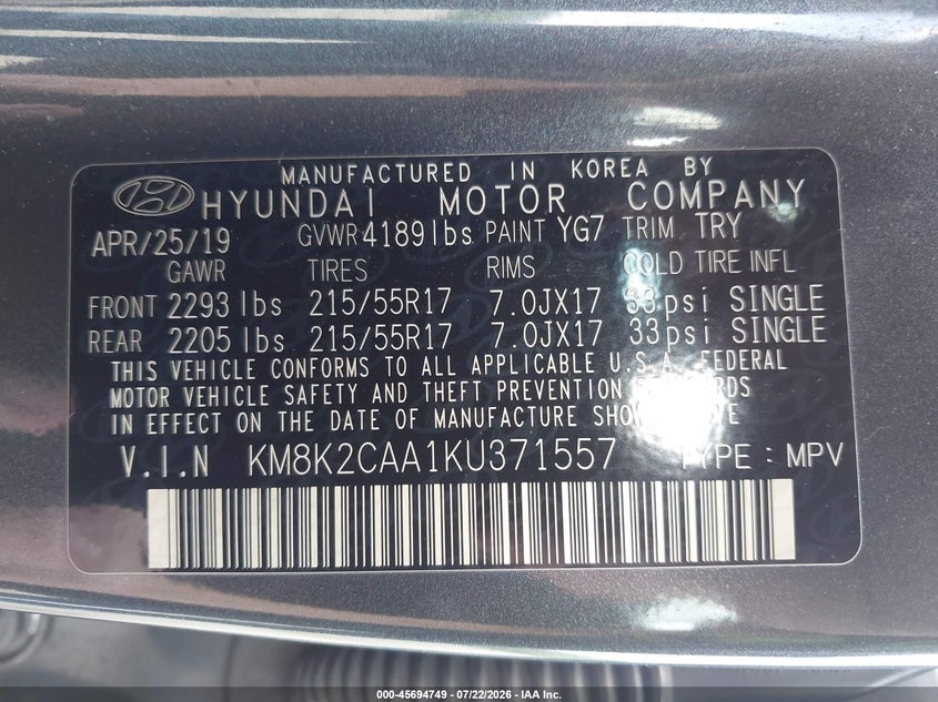 2019 Hyundai Kona VIN KM8K2CAA1KU371557 IAAI salvage auction — NORMAL WEAR, Clear (Pennsylvania), sold $25 on 2026-07-28 (photo 9)