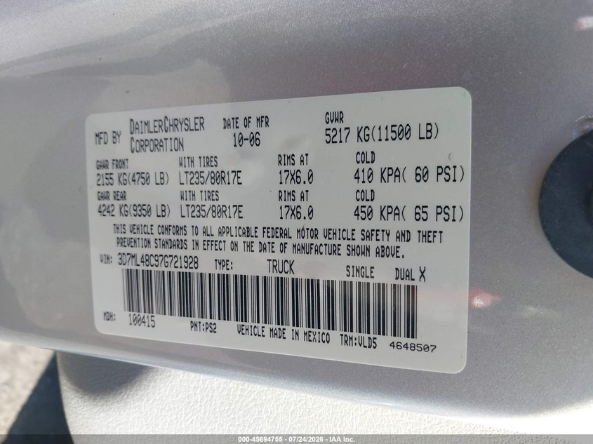 2007 Dodge Ram 3500 VIN 3D7ML48C97G721928 IAAI salvage auction — SIDE, Salvage Certificate (California), sold $7,100 on 2026-07-31 (photo 9)