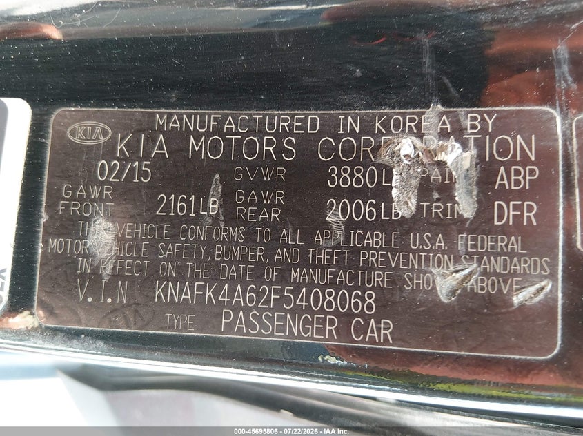 2015 Kia Forte VIN KNAFK4A62F5408068 IAAI salvage auction — NORMAL WEAR, Original (Texas), sold $400 on 2026-07-28 (photo 9)