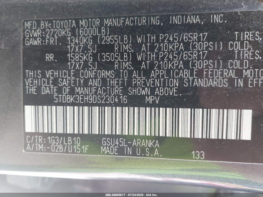 2013 Toyota Highlander VIN 5TDBK3EH9DS230416 IAAI salvage auction — NORMAL WEAR, Original (Vermont), sold $2,700 on 2026-07-30 (photo 9)