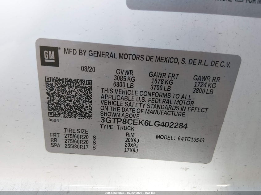 2020 Gmc SIERRA VIN 3GTP8CEK6LG402284 IAAI salvage auction — FRONT END, Salvage Title, sold $10,000 on 2026-08-03 (photo 9)