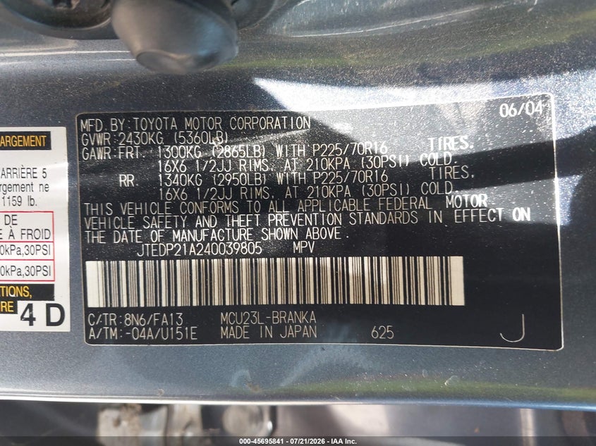 2004 Toyota Highlander VIN JTEDP21A240039805 IAAI salvage auction — NORMAL WEAR, Clear - Dealer Only (California), sold $625 on 2026-07-29 (photo 9)
