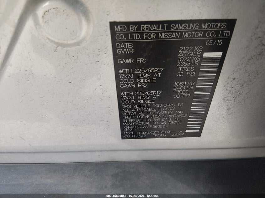 2015 Nissan Rogue VIN KNMAT2MV3FP568918 IAAI salvage auction — FRONT & REAR, Wait Title, sold $1,725 on 2026-07-31 (photo 9)