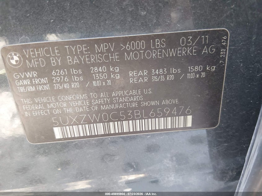 2011 BMW X5 VIN 5UXZW0C53BL659476 IAAI salvage auction — NORMAL WEAR, Salvage (Arkansas), sold $2,050 on 2026-07-30 (photo 9)