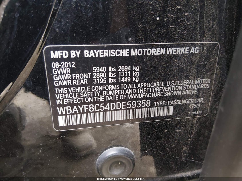 2013 BMW 7er VIN WBAYF8C54DDE59358 IAAI salvage auction — NORMAL WEAR, Clear (Tennessee), sold $25 on 2026-07-29 (photo 9)