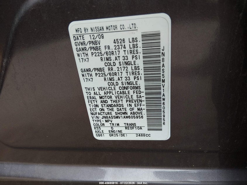 2010 Nissan Rogue VIN JN8AS5MV1AW605956 IAAI salvage auction — NORMAL WEAR, Clear (Illinois), sold $575 on 2026-07-29 (photo 9)